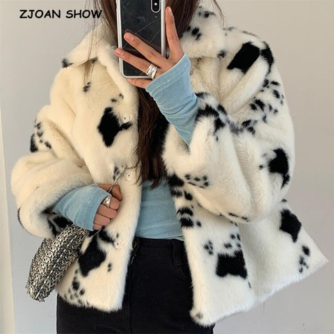 HIGH QUALITY Winter Notched Collar Hairy Shaggy Tuscan Cow Leopard Fur Jacket Long sleeve Furry Fur Women Jacket Short Outerwear ► Photo 1/6