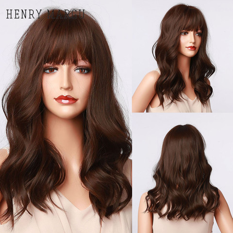 HENRY MARGU Black Brown Medium Long Natural Wave Synthetic Bob Wig with Bangs for Black Women Afro Cosplay High Temperature Hair ► Photo 1/6