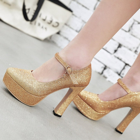 Autumn High Heels Platform Pumps Women Shoes Fashion Ankle Straps Gold Silver Heels Luxury Sequined Red Party Wedding Shoes ► Photo 1/6