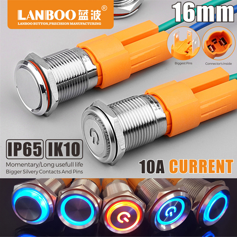 LANBOO Factory 16mm High current 10A high-power 12V110V 24V 220V LED light latching momentary self-lock push button switch ► Photo 1/6