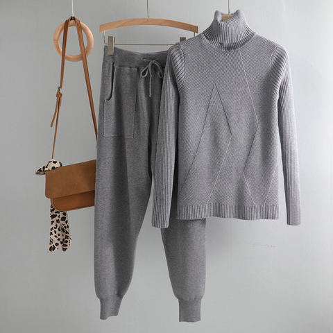 turtleneck sweater 2 Pieces Set 2022 women chic Knitted Pullover top + Sweater pants Jumper Tops+ trousers sweater suits ► Photo 1/6