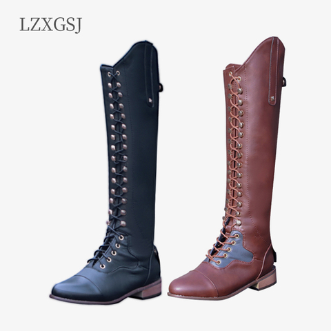 New Women Riding Boots Western Leather Knee High Boots Autumn Winter Shoes Female Lace-up Black Brown Long Boots Plus Size 43 ► Photo 1/6