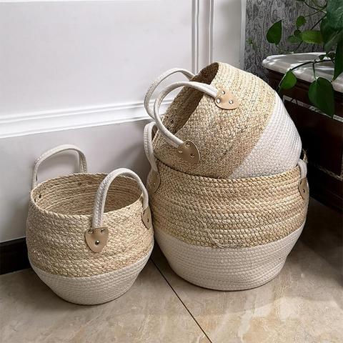 2 Colors Natural Woven Storage Basket Multi-purpose Desktop Storage Box Durable Toy Sundries Straw Storage Basket With Handle ► Photo 1/6