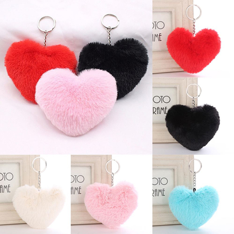 Heart Shape Fluffy Heart Keychain For Women Pompom Faux Rex Rabbit Fur Key Chain Girl Bag Charms Hang Car Key Ring Jewelry ► Photo 1/6