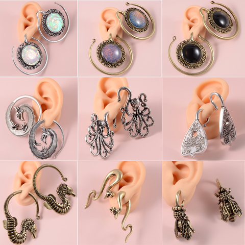 PAIR Solid Brass Puj Ju Ear Hoops Aether Ornate Ear Plugs With Stone High Quality Ear Weights Earring Ear Gauge Expander Jewelry ► Photo 1/6