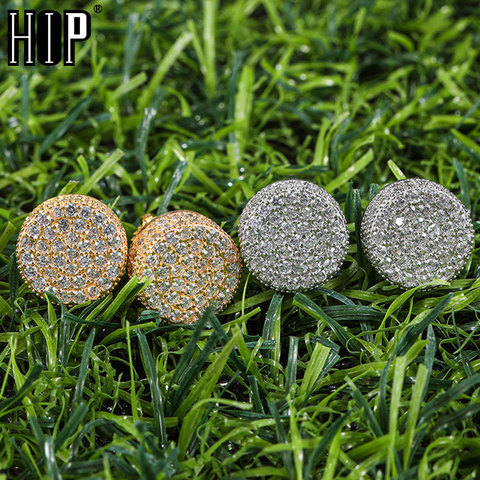 Hip HOP 1Pair Micro Full Paved Rhinestone Round Zircon CZ Stone Bling Iced Out Stud Earring Copper Earrings For Men Jewelry ► Photo 1/6