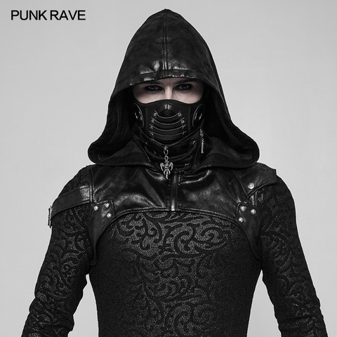 PUNK RAVE Gothic Performance Punk Rock Unisex Steampunk Party Cospaly Hooded Black PU Accessory  Crack Skin Fabric Stitching ► Photo 1/6