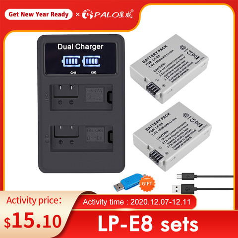 PALO 2Pcs LP-E8 LP E8 LPE8 1800mAh camera Battery + LED Dual Charger For Canon EOS 550D 600D 650D 700D Rebel T2i T3i T4i T5i ► Photo 1/6