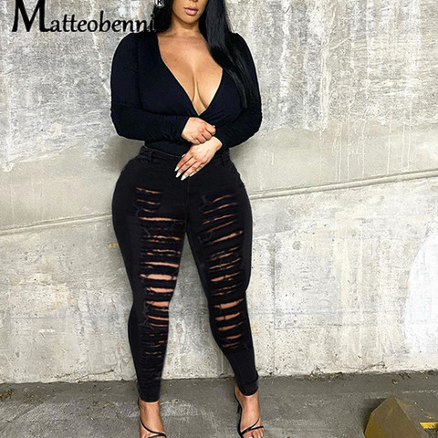 2022 Fashion Fall Skinny Jeans Women Denim Pants Holes Destroyed Knee Pencil Pants Casual Trousers Black Stretch Ripped Jeans ► Photo 1/6