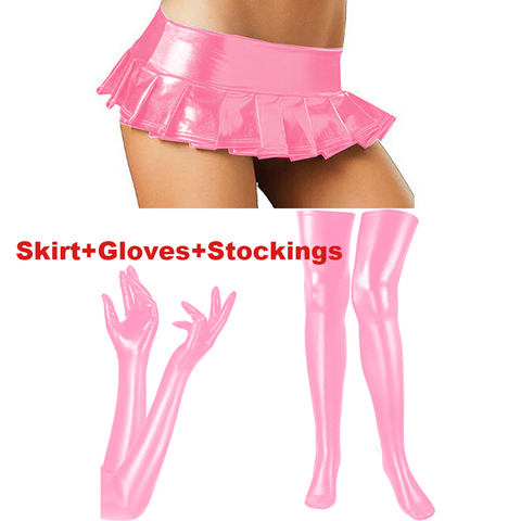 Plus Size 3 PCS Set Women Pleated Mini Skirt With Thigh High Stockings And Long Gloves Shiny Metallic Cosplay Nightclub Costume ► Photo 1/6
