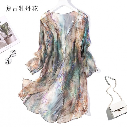 Women's 100% Silk Print Long Thin Top Kimono Cardigan Shawl Coat Blouse Summer Beach Cover Up one size JN005 ► Photo 1/6