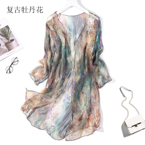 Women's 100% Silk Print Long Thin Top Kimono Cardigan Shawl Coat Blouse Summer Beach Cover Up one size JN005 ► Photo 1/6