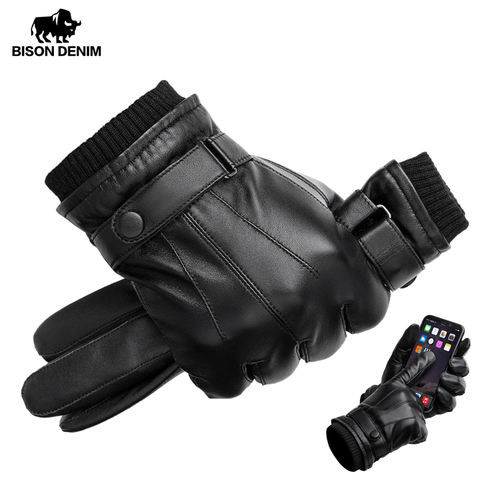 BISON DENIM Men's Genuine Leather Gloves Touch Screen Gloves for Men Winter Warm Mittens Full Finger handschuhe Plus Velvet S019 ► Photo 1/6