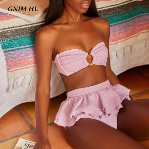 GNIM Sexy Bandeau Swimsuit Women Ruffle Bikini Mujer 2022 Summer Sexy Two Pieces Solid Pink Swimwear Push Up Bather Suit Women ► Photo 1/6