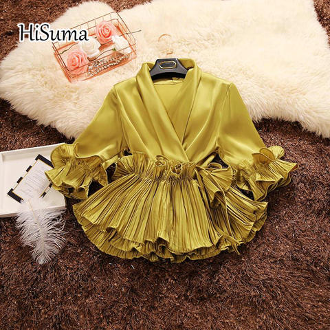 HISUMA spring new female Deep V-neck ruffles lace up chiffon shirt women's three Quarter sleeve shirts women fairy blouses tops ► Photo 1/6