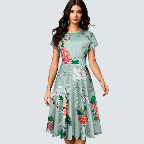 Vintage Women Floral Print Wiggle A-line Elegant Summer Pleated Party Dress HA102 ► Photo 1/5