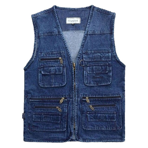 2022 Big Size V-Neck Classic Multi Denim Work Vest Mens Solid Casual Waistcoat with Many Pockets Fishing Vest Sleeveless Jacket ► Photo 1/6