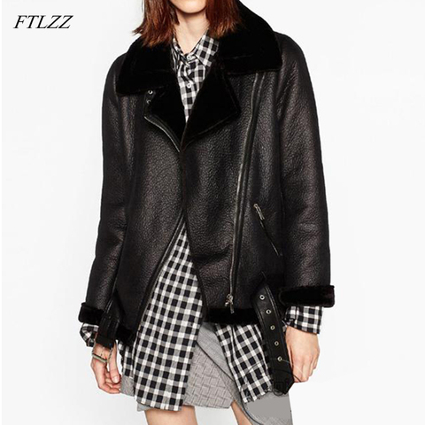 FTLZZ 2022 New Winter Women Sheepskin Coats Thicken Faux Leather Fur Female Coat Fur Lining Leather Jacket Aviator Jacket ► Photo 1/6