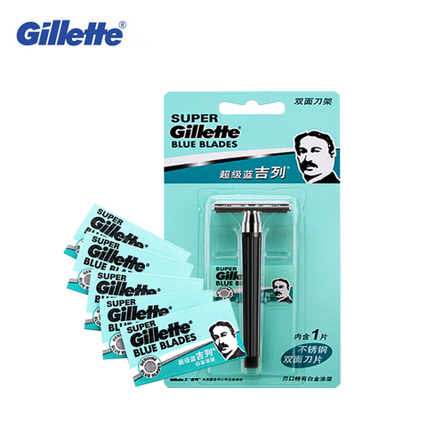 Gillette Super Blue Shaving Razor For Men Knife Holder+ Blades Official Authentic Safety Razors Face care for Men Manual Shaving ► Photo 1/6