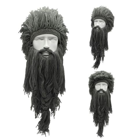 Men Women Barbarian Viking Handmade Knit Wig Hat with Detachable Long Fake Beard Funny Crazy Halloween Cosplay Warm Beanie Cap ► Photo 1/6