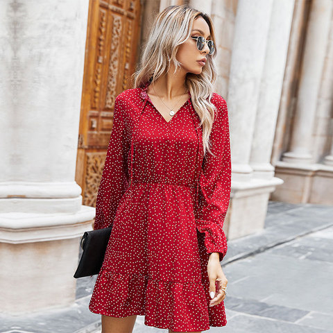 Autumn Winter Polka Dot Print Dress Women 2022 New Casual Lace Up V Neck Full Sleeve Slim Dress ► Photo 1/6