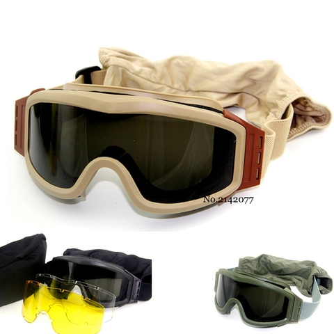 Military Airsoft Tactical Goggles Shooting Glasses Motorcycle Windproof Paintball CS Wargame Goggles 3 Lens Black Tan Green ► Photo 1/6