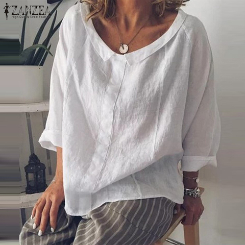 2022 ZANZEA Casual Tops Women's Summer Tunic Vintage Linen Blouse Female Lapel Work Blusas Elegant Female Long Sleeve Shirts 5XL ► Photo 1/6