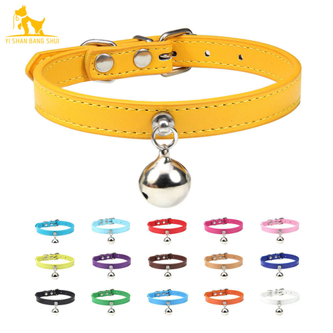 16 Colors Solid Leather Cat Collar With Bell Puppy Neck Strap Safety Kitten Collars Chihuahua Necklace Cat Accessories XS/S/M ► Photo 1/6