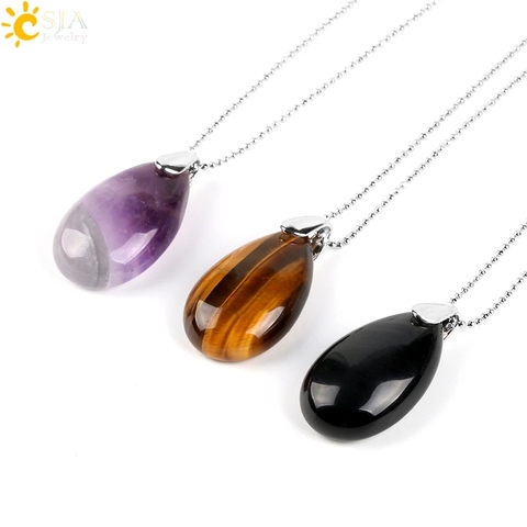 CSJA Natural Gem Stone Water Drop Necklaces Pendants Tiger Eye Lapis Lazuli Clear Crystal Opal Reiki Healing Jewellery Gift E526 ► Photo 1/6