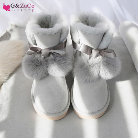 G&Zaco Luxury Genuine Sheepskin Boots Shoes Women Sheep Wool Boots Australia Snow Boots Sweet Bow Fox Flat Fur Winter Boot Shoes ► Photo 1/6