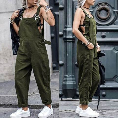 Plus Size Womens Sleeveless Cargo Jumpsuit Casual Solid Pocket Playsuits Rompers