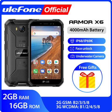 Ulefone Armor X6 IP68 MT6580 Rugged Waterproof Smartphone Android 9.0 Cell Phone Mobile Phon/Quad-core/ 4000mAh /2GB 16GB /3G ► Photo 1/6