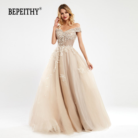 BEPEITHY Off The Shoulder Lace Evening Dresses Long For Women 2022 Champange Vintage A-Line Prom Gown Reception Elegant ► Photo 1/6