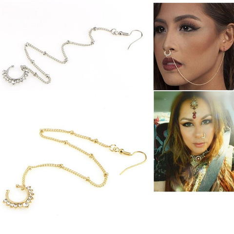 1pc Classic C - Shaped False Nose Ring With Chain Earrings Set Traditional Indian Woman Nose Piercing Body Jewelry For Lady ► Photo 1/6