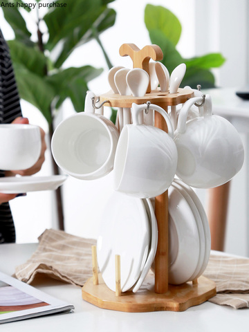 Nordic Creative ceramics Coffee cup Tea set Wooden storage rack Spoon Plate combination Afternoon tea set cup room decoration ► Photo 1/5
