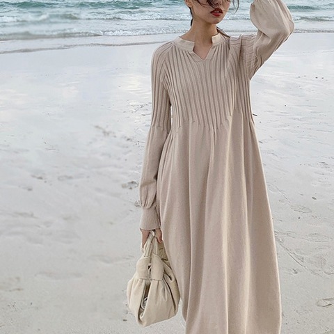 Korean Dress Sweater Women 2022 Autumn Winter New Solid V-Neck Sweater Oversize Casual Lantern Sleeve Loose Long Robe Pull Femme ► Photo 1/6