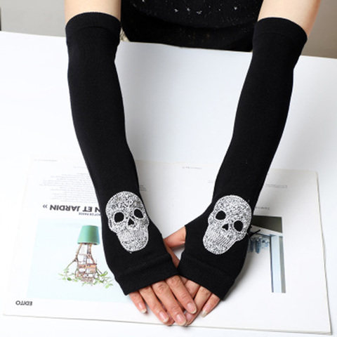 Female Winter Warm Knit Diamond Half Finger Touch Screen Gloves Sexy Skull Rhinestone Long Thin Fingerless Driving Mittens H82 ► Photo 1/6