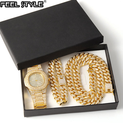 Gold Necklace +Watch+Bracelet Hip Hop Miami Curb Cuban Chain Gold Full Iced Out Paved Rhinestones CZ Bling For Men Jewelry ► Photo 1/6