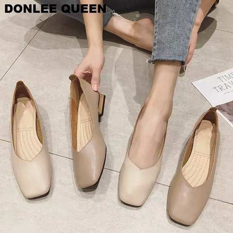 New Spring Flats Shoes Women Wooden Low Heel Ballet Square Toe Shallow Brand Shoe Slip On Loafer zapatos de mujer big size 35-41 ► Photo 1/6