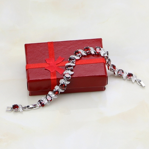 Classic Red Garnet White Cubic Zirconia Charm 925 Sterling Silver Chain Link Bracelet For Women Free Gift Box ► Photo 1/5