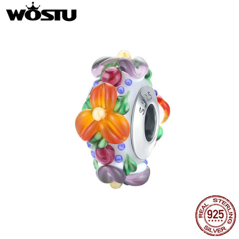 WOSTU 100% 925 Sterling Silver Colorful Flowers Charm Glass Beads Fit Original Bracelet Necklace Pendant DIY Jewelry CQC1720 ► Photo 1/6