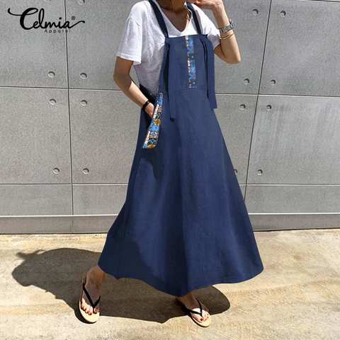 Celmia Vintage Casual Apron Dress Women's Sundress 2022 Summer Linen Overalls Printed Long Dress Female Maxi Vestidos Robe 5XL 7 ► Photo 1/6