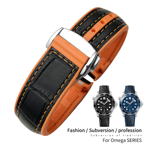 20mm 22mm High Quality Leather Cowhide Rubber Watchband fit for Omega Seamaster Planet Ocean 600 GMT Orange 19/21mm Watch Strap ► Photo 1/6