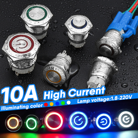 12/16/19/22mm Metal Push Button Switch Power Button Waterproof Flat Circular Button LED Light Self-lock Button 5v 12v 24v 220v ► Photo 1/6