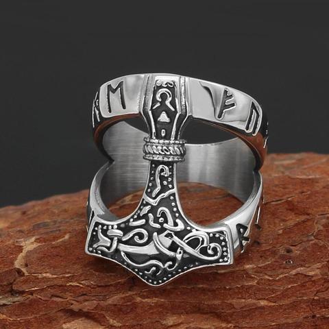 Retro Stainless steel Odin Norse Viking Amulet Rune Index Ring Men and Women fashion Nordic hammer Giant Wolf Rings Punk Jewelry ► Photo 1/6