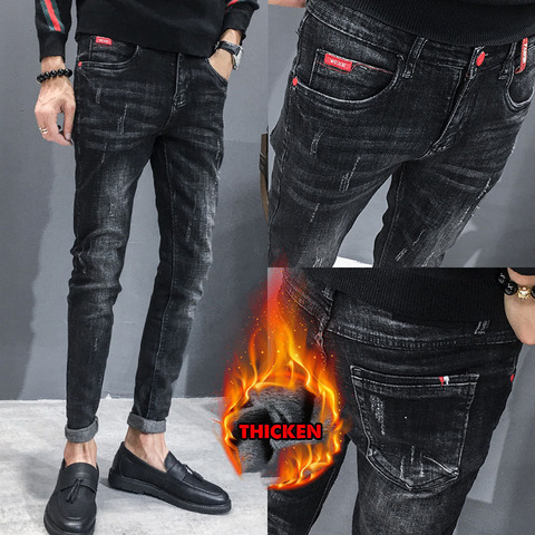 Hot 2022 Autumn winter thermal men's jeans trendy Korean plus velvet youth Slim pencil feet casual skinny jeans men long pants ► Photo 1/6