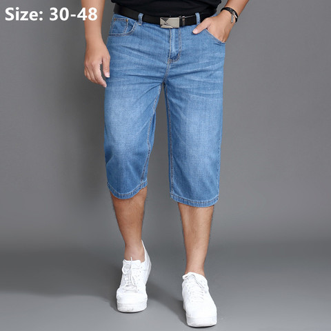 Summer Jeans Shorts Mens Denim Elastic Stretched Thin Short Jean Oversized Plus Light Blue 42 44 46 48 Male Calf Length Trousers ► Photo 1/6