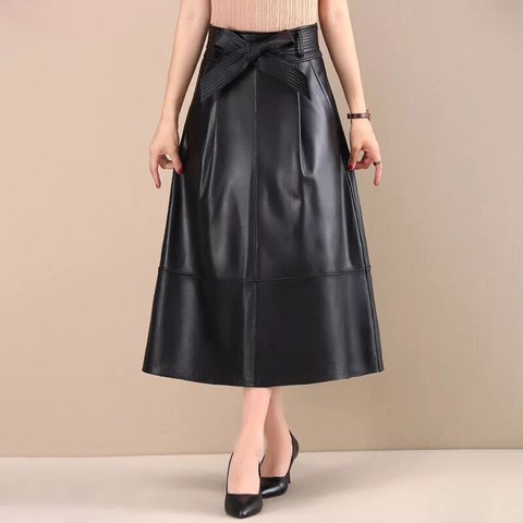 Long leather skirt 2022 winter balck sheepskin skirts womens a line office ladies high quility zipper party wrap plus size skirt ► Photo 1/6