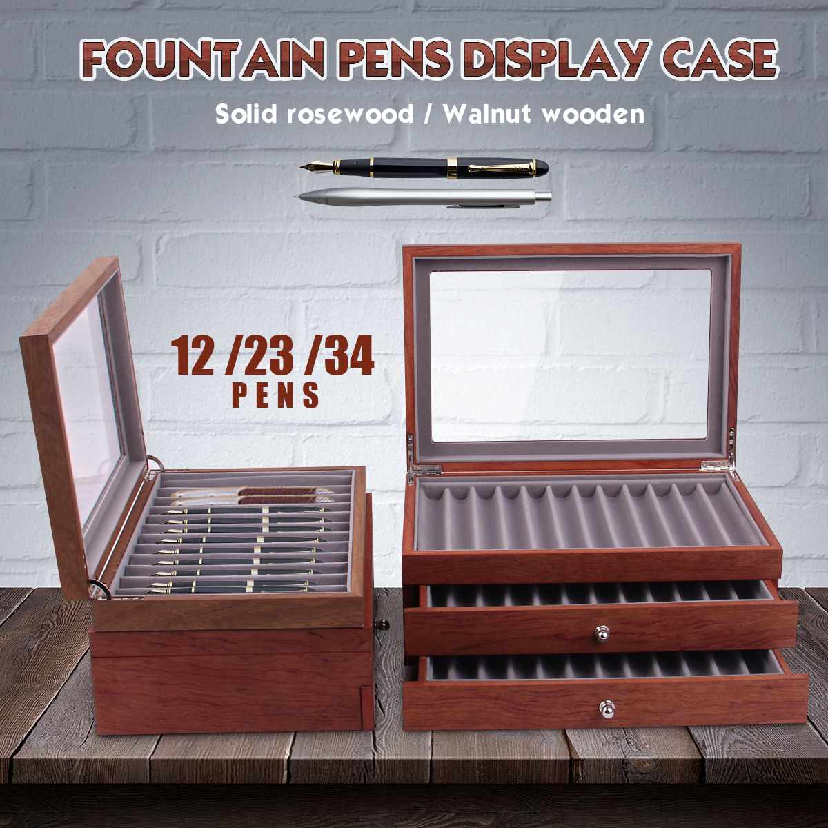 12/23/34 Slots Wooden Pen box Pen Fountain Wood Display Case Holder Storage Collector Organizer Box Rosewood/Walnut Wood ► Photo 1/6