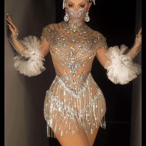 Shining Rhinestone Tassel Dance Dress Gloves Sexy Mesh Perspective Crystal Leotard Singer Dancer Stage Wear Nightclub Outfit ► Photo 1/6